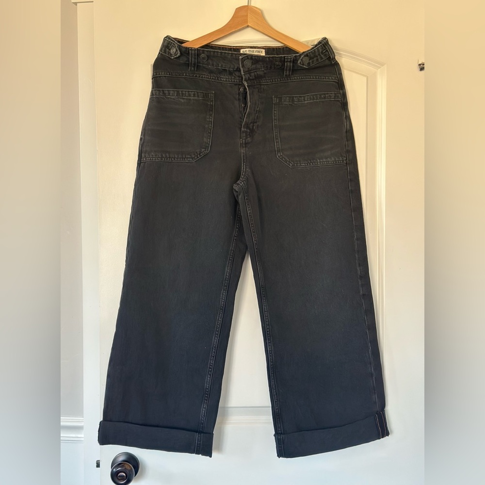 NWT Free People Palmer Cuffed Faded Black Wide-Leg Jeans - 28